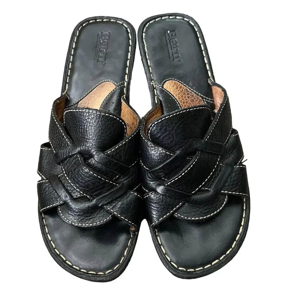 Born Leather Y2K‎ Chuncky Platform Wedges Slip On Strappy Sandals Shoes Black 9